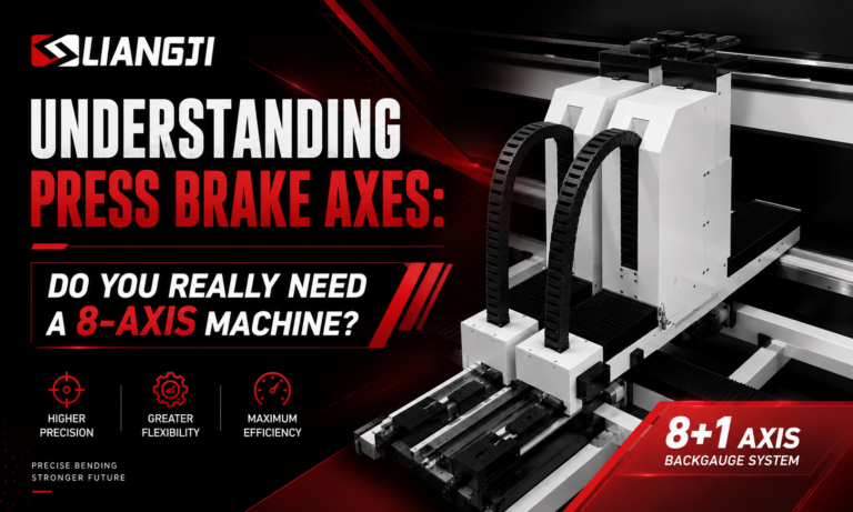 Understanding Press Brake Axes blog cover featuring an 8+1 axis CNC press brake backgauge system with independent backgauge fingers, black and red industrial design, and Liangji CNC branding for sheet metal bending automation and high-precision press brake applications.