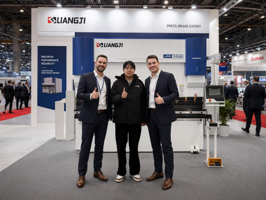 Liangji sales team with international customer at industrial CNC bending machinery export